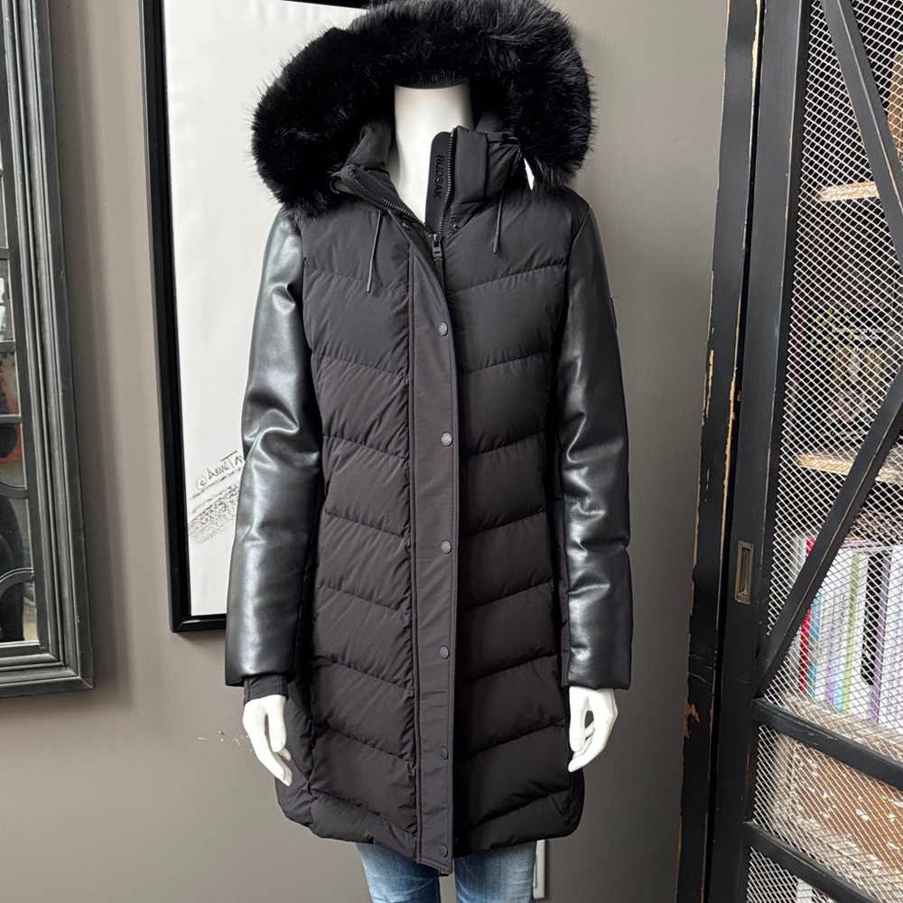 RUDSAK Black Puffer Jacket with Leather Accents